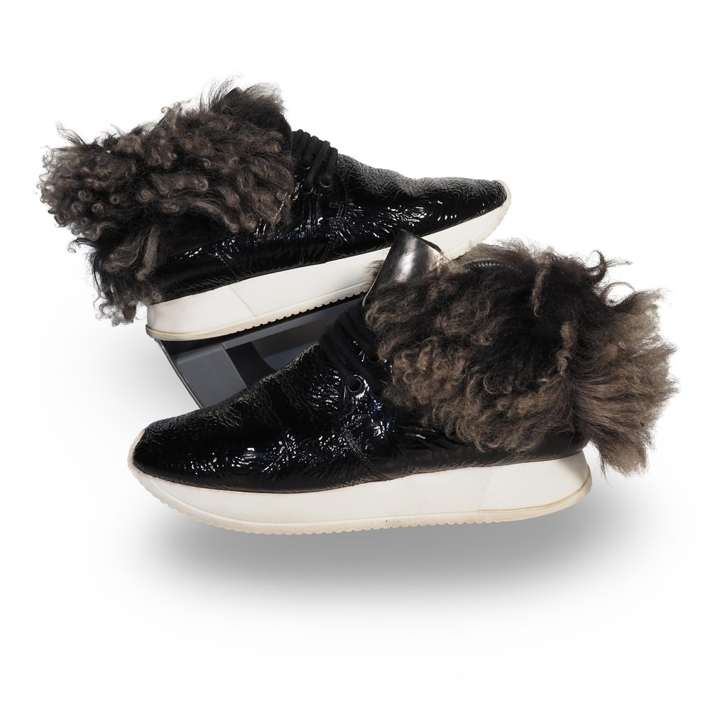 ESSEutESSE Patent Leather Real Lamb Fur Sneakers Womens 38 Black High Top Italy‎